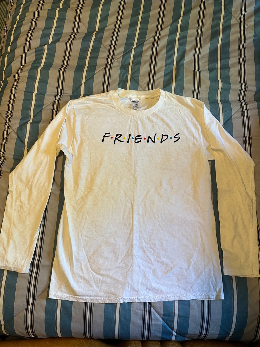 Gildan White Long Sleeve Tee with FRIENDS Logo and Colored Dots 100% cotton